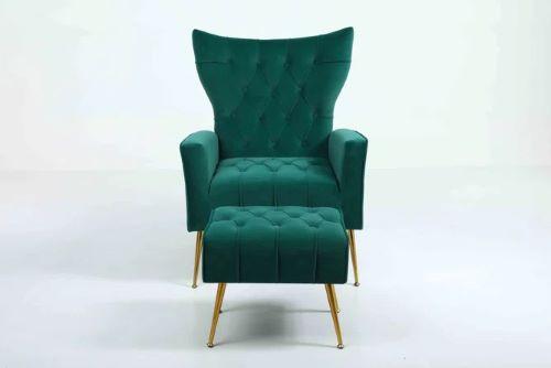 A green chair and a foot stool

Description automatically generated